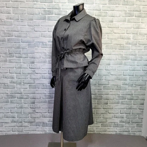 Vintage Ralph Creation W.Germany Skirt Set‎ Gray Pinstripe Belted Peplum Blouse - Picture 4 of 13
